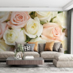 Papier peint Groupe de roses roses et blanches