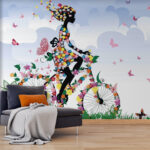 Papier peint Femme à vélo avec des fleurs