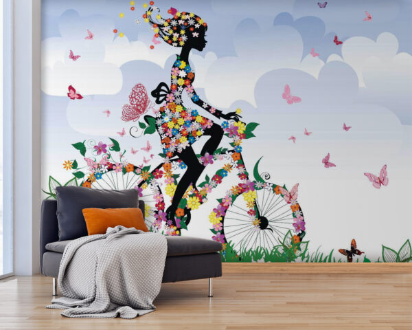 Femme à vélo avec des fleurs Papier peint Femme à vélo avec des fleurs