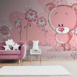 Papier peint Ours dans un champ de fleurs roses