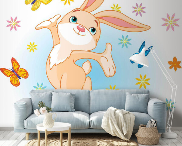 Papier peint Dessin humoristique d'un lapin sautant en l'air avec des papillons