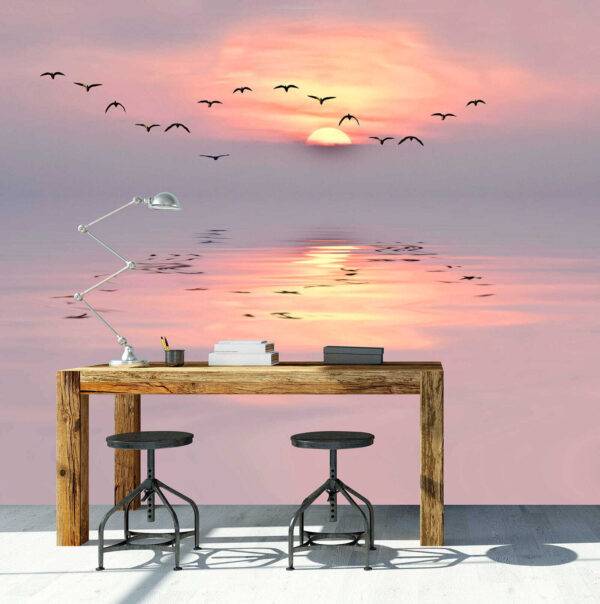 Oiseaux volant dans le ciel avec le soleil derrière eux Papier peint Oiseaux volant dans le ciel avec le soleil derrière eux