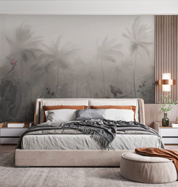 Papier peint Forêt brumeuse avec palmiers et papillons