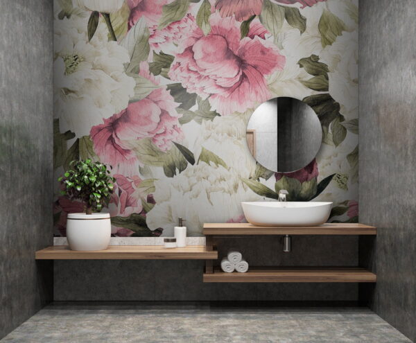 Papier peint Motif de fleurs roses et blanches