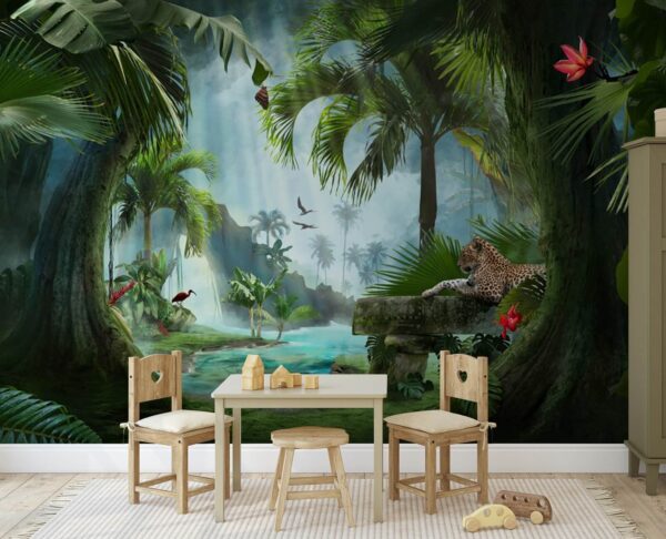 Jungle sereine avec un léopard qui se prélasse Papier peint Jungle sereine avec un léopard qui se prélasse