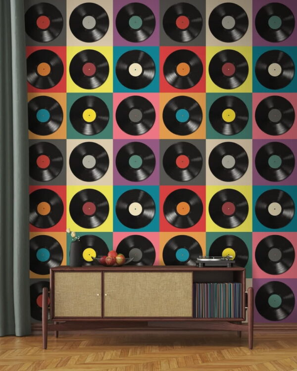 Présentoir de rangement de disques vinyles colorés Papier peint Présentoir de rangement de disques vinyles colorés