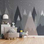Papier peint Chaîne de montagnes avec arbres et étoiles