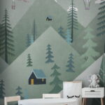 Papier peint Paysage avec arbres et montgolfières