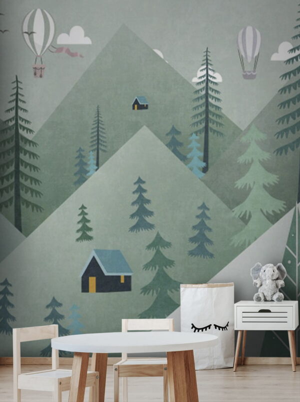 Paysage avec arbres et montgolfières Papier peint Paysage avec arbres et montgolfières