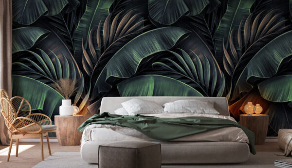 Motif de feuilles tropicales foncées Papier peint Motif de feuilles tropicales foncées