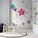 Papier peint Groupe de fleurs avec papillons