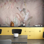 Papier peint Feuilles tropicales aux teintes douces et pastel.