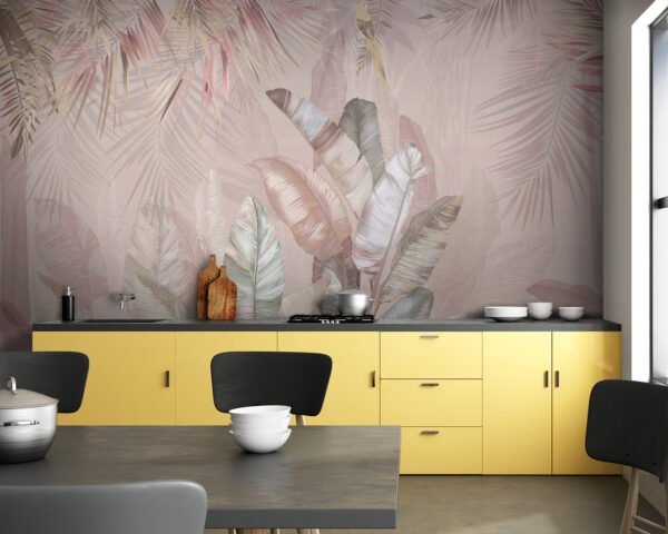 Papier peint Feuilles tropicales aux teintes douces et pastel