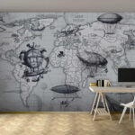 Papier peint Carte du monde avec différents types de montgolfières