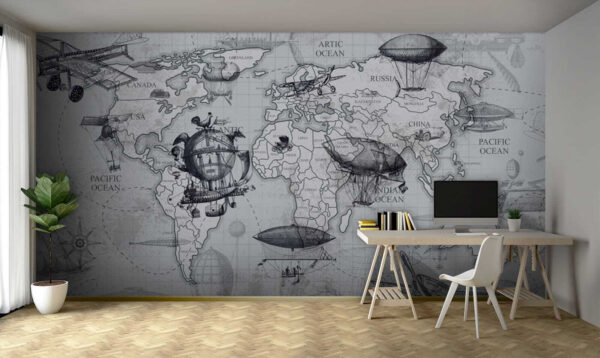Carte du monde avec différents types de montgolfières Papier peint Carte du monde avec différents types de montgolfières
