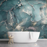 Papier peint Art abstrait fluide blanc et sarcelle.