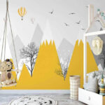 Papier peint Montagnes jaunes avec arbres et oiseaux