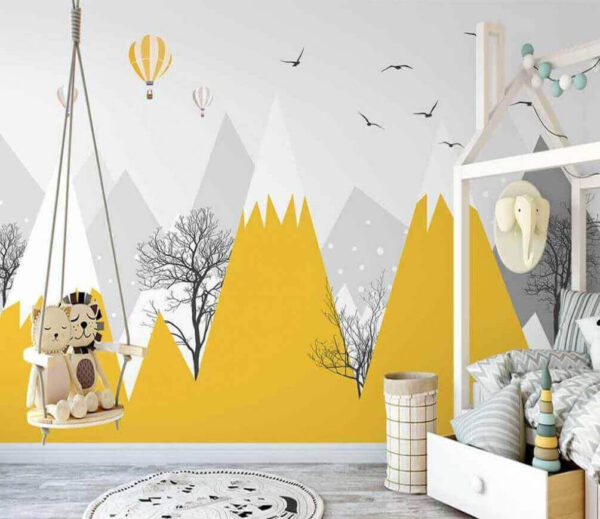 Papier peint Papier peint Montagnes jaunes avec arbres et oiseaux (UGS : u47807)
