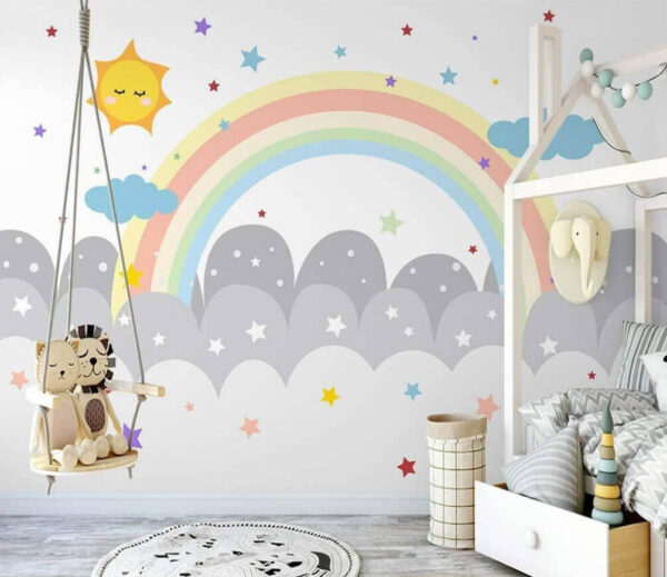 Arc-en-ciel et nuages avec soleil et étoiles Papier peint Arc-en-ciel et nuages avec soleil et étoiles