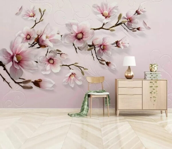 Magnolias roses sur des branches élégantes Papier peint Magnolias roses sur des branches élégantes