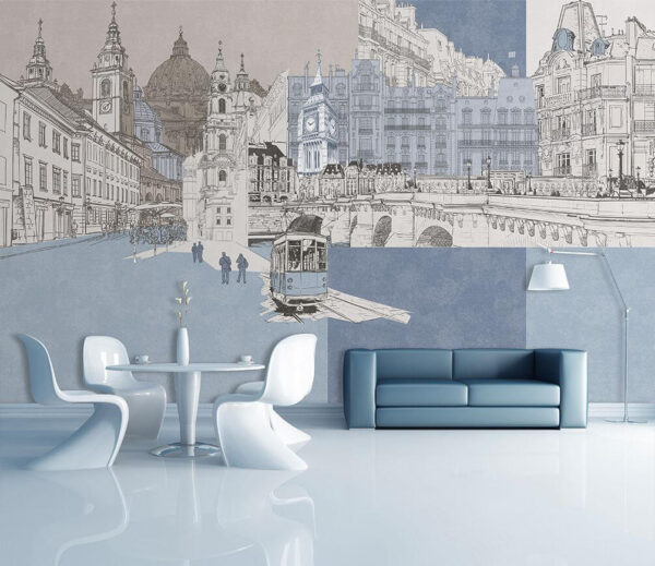 L'architecture emblématique de l'Europe en croquis Papier peint L'architecture emblématique de l'Europe en croquis