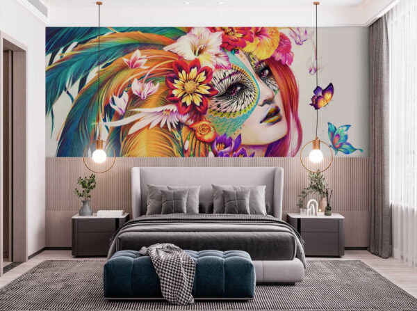 Des plumes colorées et des fleurs vibrantes éclatent Papier peint Des plumes colorées et des fleurs vibrantes éclatent