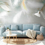 Papier peint Plumes blanches sur fond bleu