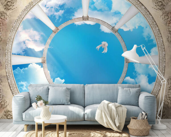 Plafond circulaire avec colonnes et oiseau volant dans le ciel Papier peint Plafond circulaire avec colonnes et oiseau volant dans le ciel