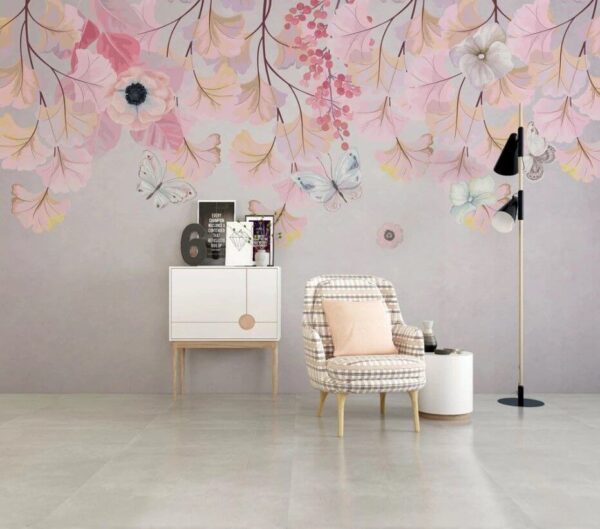 Papier peint Papier peint Peinture de fleurs et de papillons (UGS : u44222)