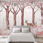 Papier peint Groupe d'arbres avec fleurs et oiseaux