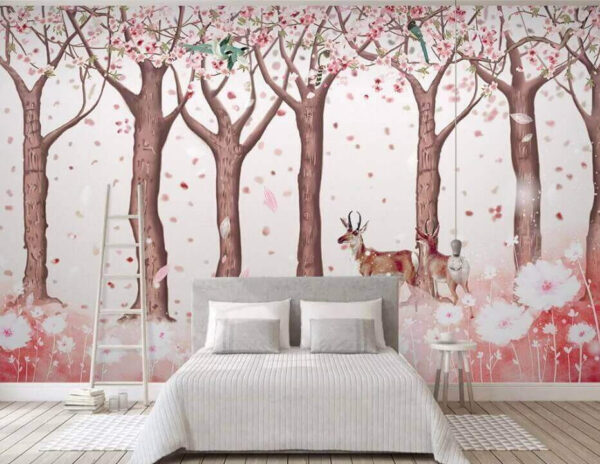 Groupe d'arbres avec fleurs et oiseaux Papier peint Groupe d'arbres avec fleurs et oiseaux