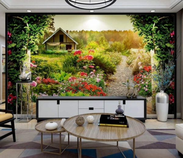 Jardin avec des fleurs et une maison Papier peint Jardin avec des fleurs et une maison