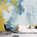 Papier peint Motif abstrait de tourbillons jaune et sarcelle.