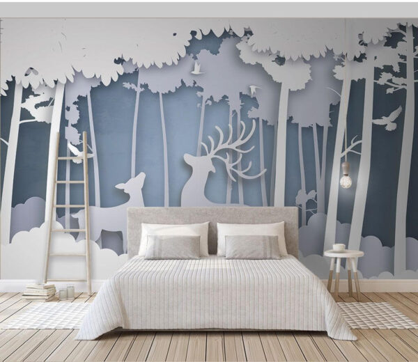 Découpage en papier d'un cerf dans une forêt Papier peint Découpage en papier d'un cerf dans une forêt