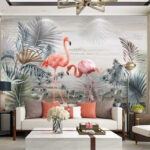 Papier peint Flamants roses dans un feuillage tropical
