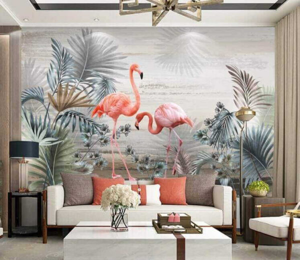 Flamants roses dans un feuillage tropical Papier peint Flamants roses dans un feuillage tropical