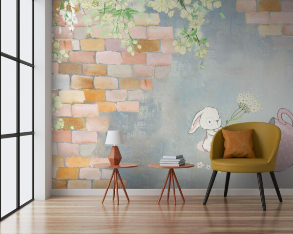 Lapin de dessin animé et maison avec fleurs Papier peint Lapin de dessin animé et maison avec fleurs