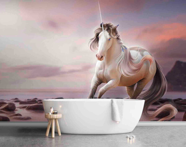 Licorne mystique dans un coucher de soleil serein Papier peint Licorne mystique dans un coucher de soleil serein