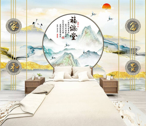 Papier peint Peinture de montagnes et d'oiseaux