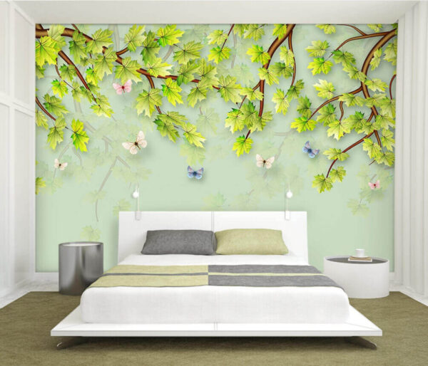 Feuilles vertes et papillons sur fond blanc Papier peint Feuilles vertes et papillons sur fond blanc