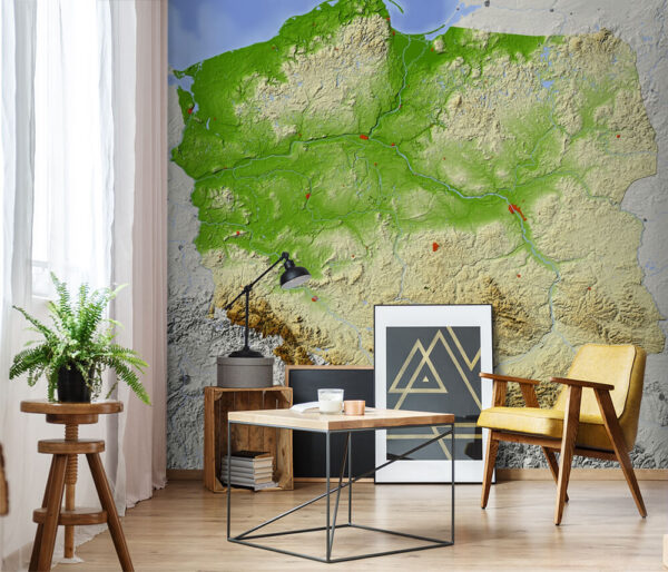 Papier peint Carte de la Pologne avec les terres et les eaux