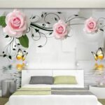 Papier peint Roses et papillons au bord de l'eau.