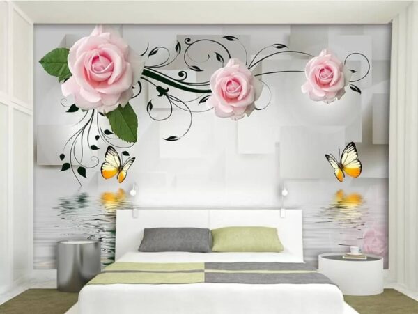 Roses et papillons au bord de l'eau Papier peint Roses et papillons au bord de l'eau