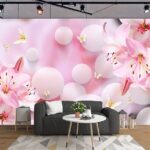Papier peint Fleurs roses et papillons
