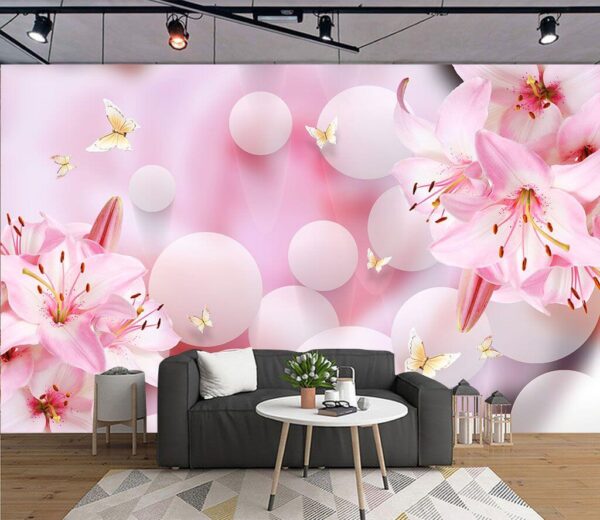 Fleurs roses et papillons Papier peint Fleurs roses et papillons