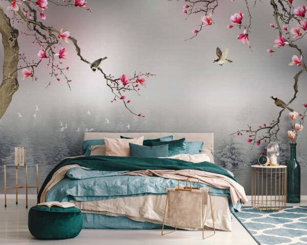 Oiseaux et fleurs sur une eau paisible Papier peint Oiseaux et fleurs sur une eau paisible