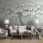 Papier peint Élégantes fleurs blanches sur des branches torsadées