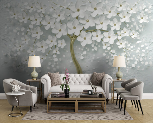 Papier peint Élégantes fleurs blanches sur des branches torsadées