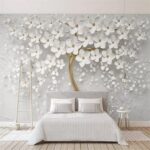 Papier peint Arbre élégant aux fleurs blanches