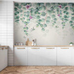 Papier peint Fleur violette avec feuilles vertes